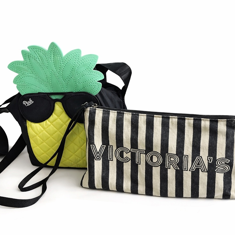 Victoria's Secret Black and White Striped Pouch with Pineapple Bag